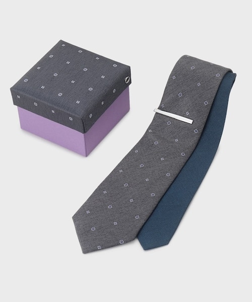 BOXセット】フラワー小紋柄ネクタイ＆タイバー セット
