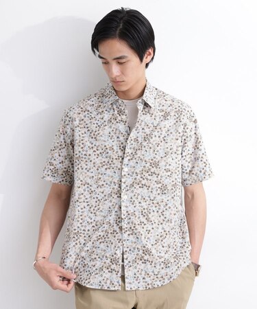 ストライプ小花プリント 半袖シャツ
