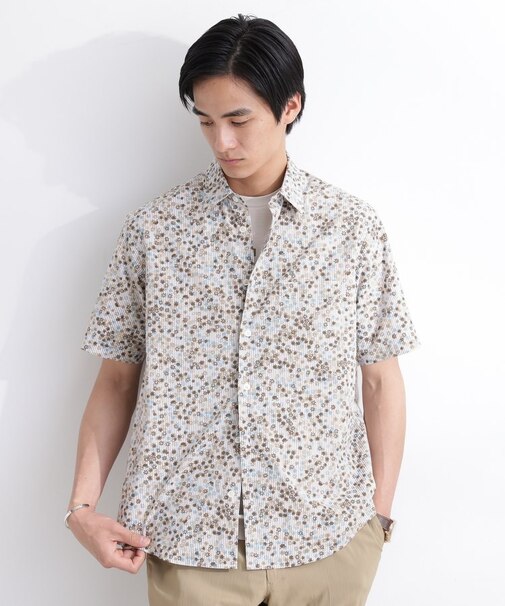 ストライプ小花プリント 半袖シャツ