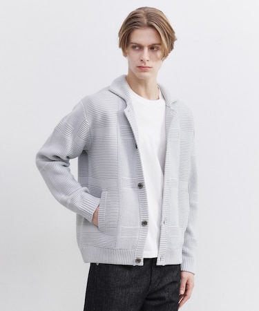 畦編みチェック ニットカーディガン