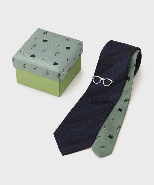 【BOXセット】ジェントルマンストライプ ネクタイ×眼鏡型タイバー