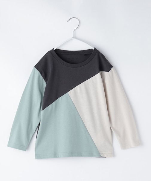 【100-150】斜めブロッキング長袖Tシャツ/洗濯機OK