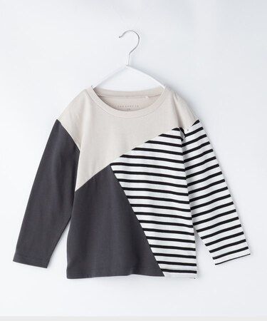 【100-150】斜めブロッキング長袖Tシャツ/洗濯機OK