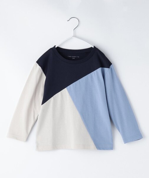 【100-150】斜めブロッキング長袖Tシャツ/洗濯機OK