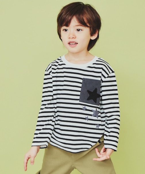 【110-150】星サガラポケット長袖Tシャツ/洗濯機OK