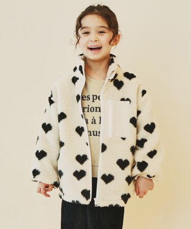 【100-150】チェック＆ハート柄ボアブルゾン/洗濯機OK