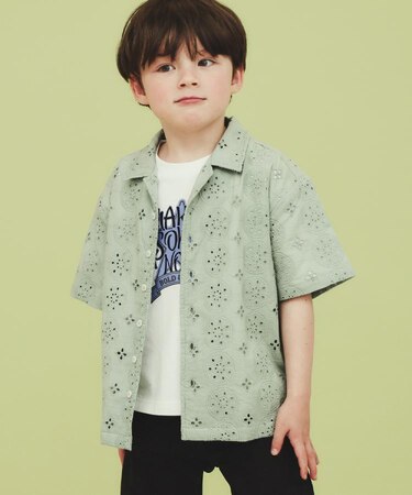 【120-150】刺繍オープンカラーシャツSS