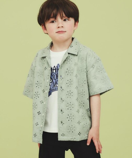 【120-150】刺繍オープンカラーシャツSS