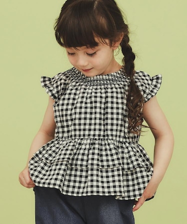【110-150】ギンガムチェックティアードブラウス/セットアップ可・洗濯機OK
