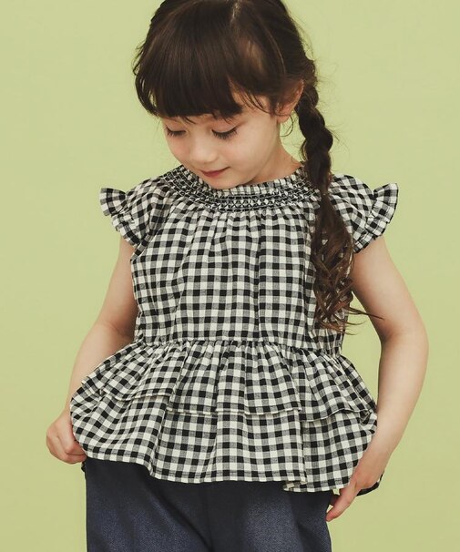 【110-150】ギンガムチェックティアードブラウス/セットアップ可・洗濯機OK