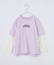 【110-160】袖レイヤード長袖Teeレースアップリケ