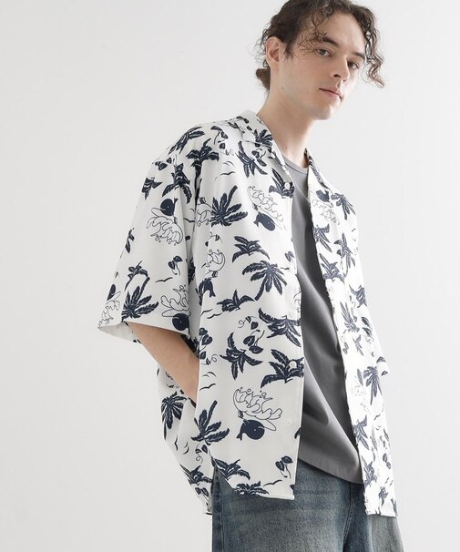 梨地クジラ柄オープンカラーシャツ