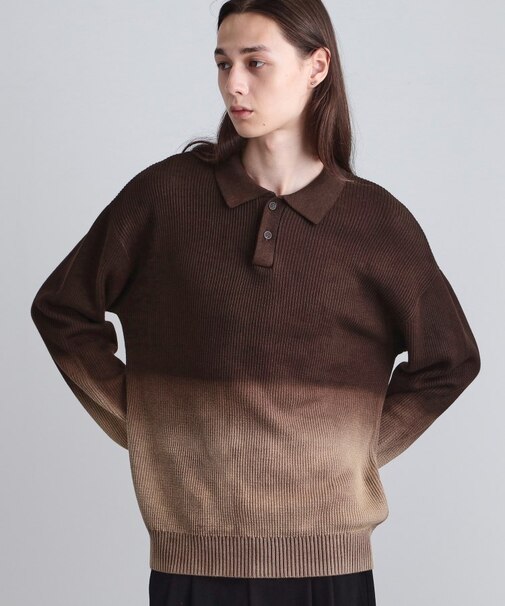 畦編みニットポロシャツブリーチ