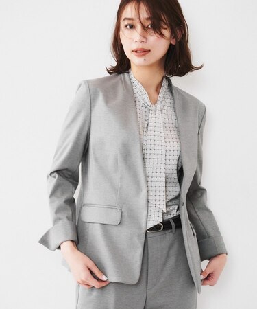 【通勤スーツ】コットン混ジャージ カラーレスジャケット