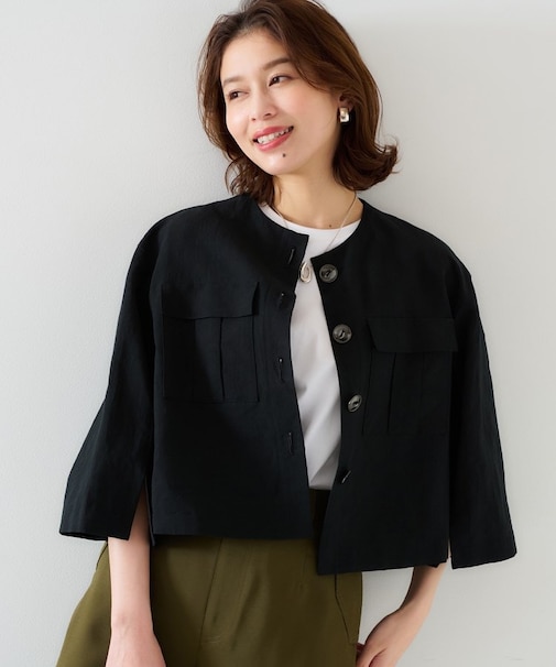 【トレンド/七分袖】タイプライター ノーカラージャケット