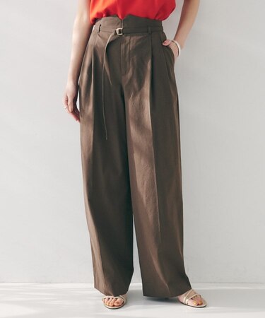 【セットアップ可能/オンオフ】ラミー混 タックワイドパンツ