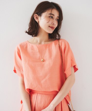 【セットアップ可能/手洗い可】リネン混 ボートネックTブラウス