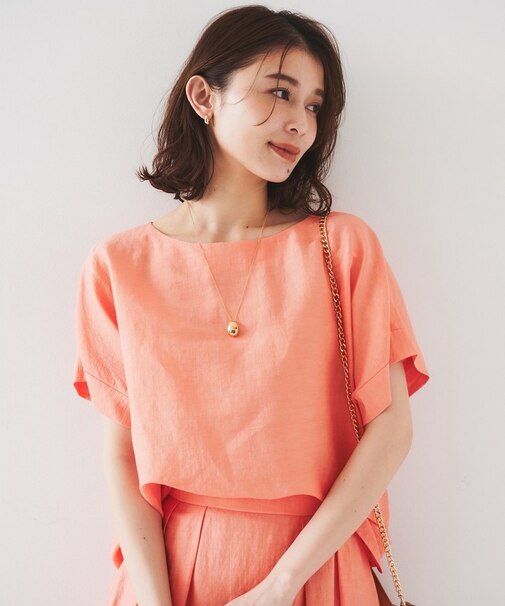 【セットアップ可能/手洗い可】リネン混 ボートネックTブラウス