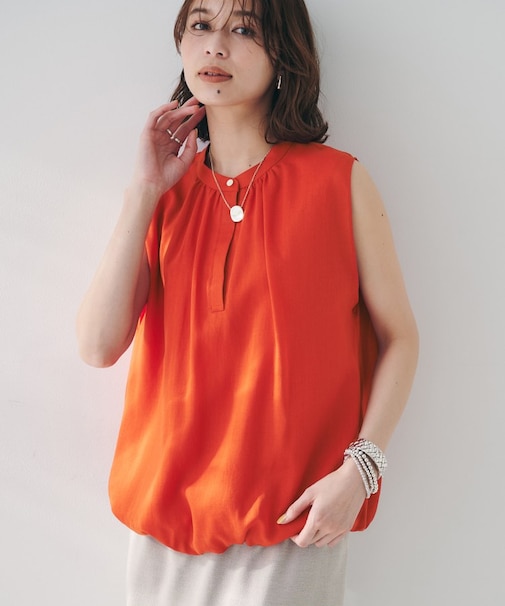 【シアー/バンドカラー】バルーンヘムノースリーブブラウス