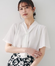 【通勤/オフィス/二の腕カバー】ボウタイブラウス
