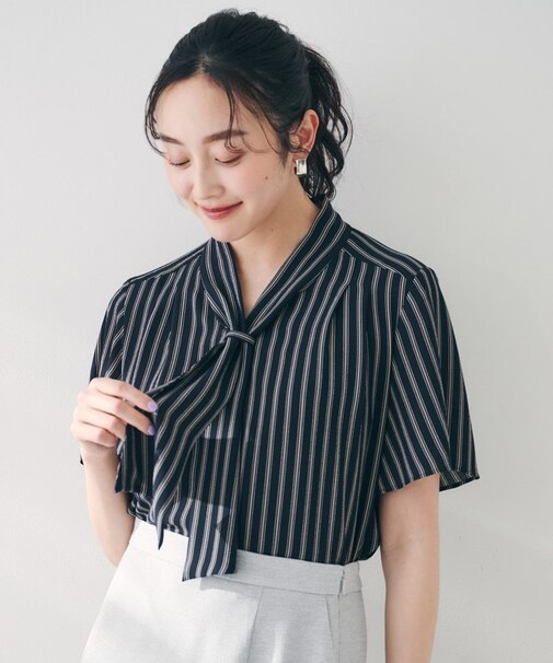 【通勤/オフィス/二の腕カバー】ボウタイブラウス