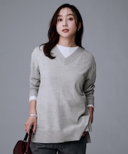 【洗える/薄手/ウール100%】Vネックロングウールニット