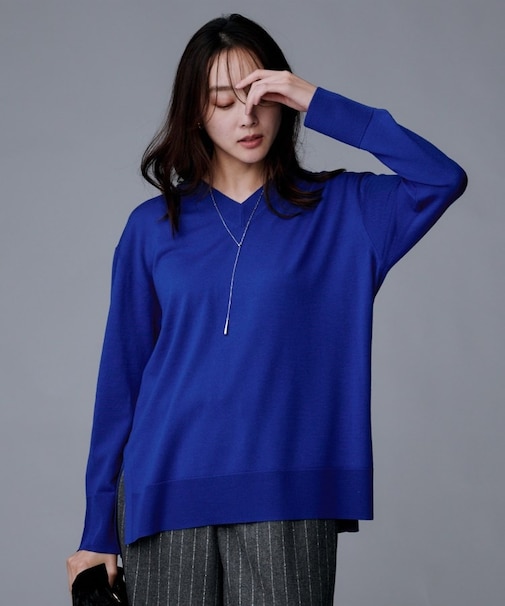 【洗える/薄手/ウール100%】Vネックロングウールニット