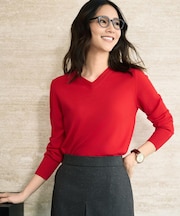 【洗える/ウール100%】Vネックウールニット