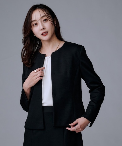 【洗えるスーツ/ストレッチ】ウール混ジャージ ノーカラージャケット