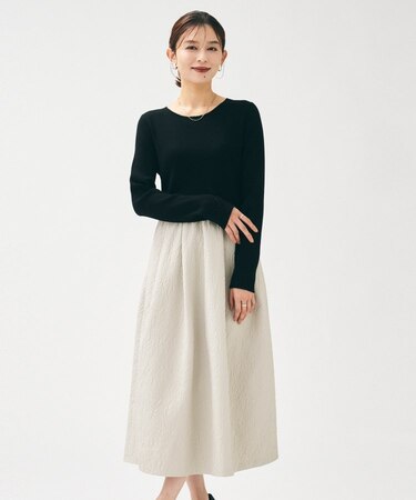 【大人フェミニン/トレンド】ニット×ジャカード ドッキングワンピース