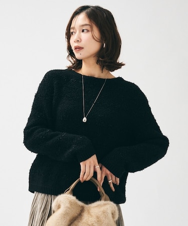 【ツイード調/コンパクト丈】ブークレーボートネックニット