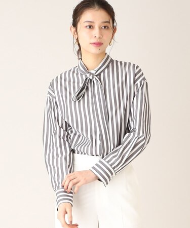 【ボウタイ取り外し可能】3WAY ストライプシャツブラウス