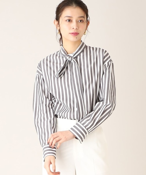 【ボウタイ取り外し可能】3WAY ストライプシャツブラウス