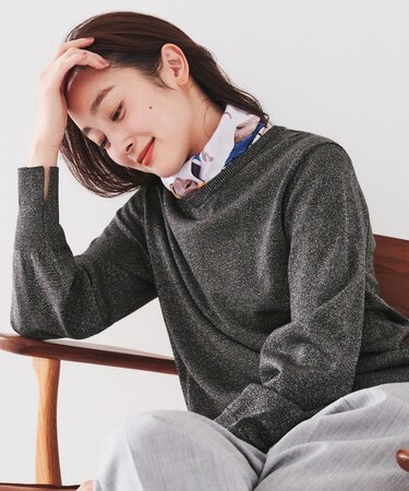 【ラメ感/薄手/すっきり丈】ウールアクリル混 ラメプルオーバーニット