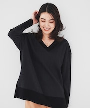 【体型カバー/洗える】ヘリンボーン柄 Vネックプルオーバーニット