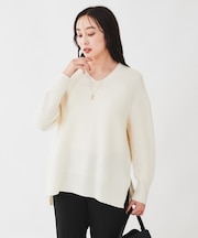 【体型カバー/日本製/洗える】ウールシルクカシミヤミックス Vネックプルオーバーニット