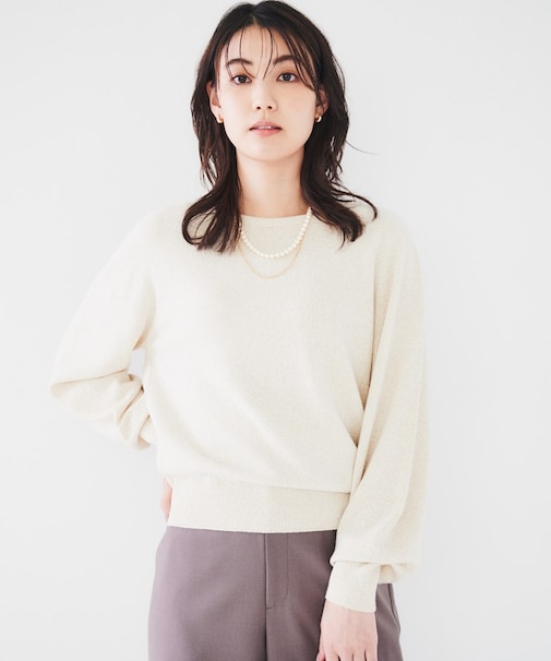 【日本製/オンオフ使える】ラメ混パフスリーブプルオーバーニット