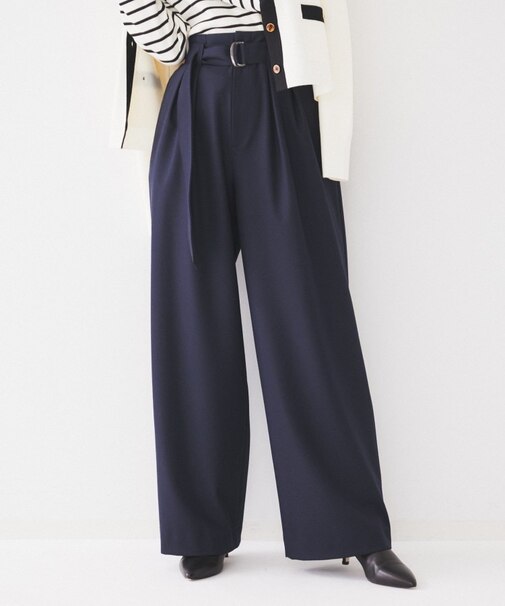 【フルレングス/後ろウエストゴム】ダブルタック ハイウエストワイドパンツ