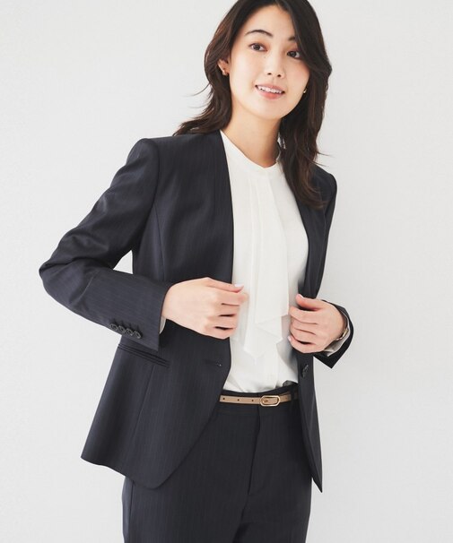 【通勤スーツ】ウーステッド カラーレスジャケット