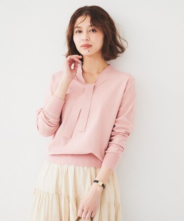 【アンサンブル可能】ボウタイ 配色プルオーバーニット