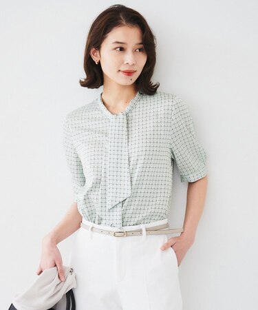 【通勤/二の腕カバー】ジオメチェック ボウタイブラウス