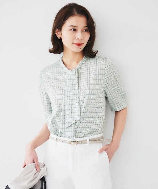 【通勤/二の腕カバー】ジオメチェック ボウタイブラウス
