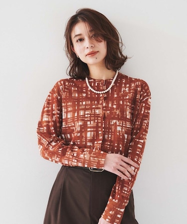 【セットアップ可能/アンサンブル可能/シアー】チェックプリント カーディガンニット