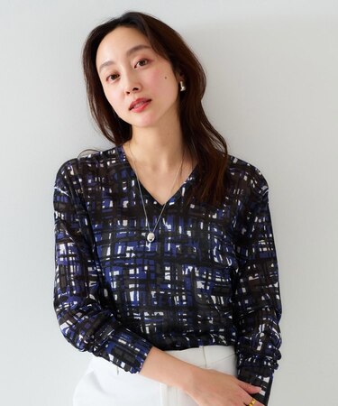 【セットアップ可能/アンサンブル可能/シアー】チェックプリント プルオーバーニット