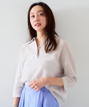 【七分袖/春夏素材】メッシュ衿付きニット
