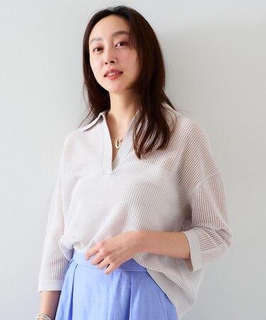 【七分袖/春夏素材】メッシュ衿付きニット