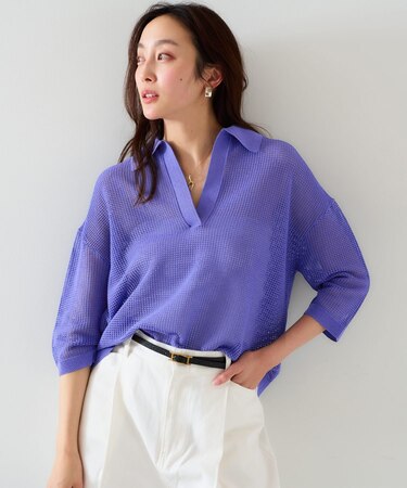 【七分袖/春夏素材】メッシュ衿付きニット
