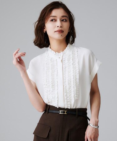 スタンドネックフリルブラウス【吸水速乾/UVケア】