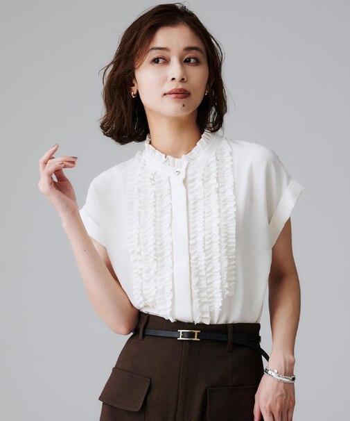 スタンドネックフリルブラウス【吸水速乾/UVケア】