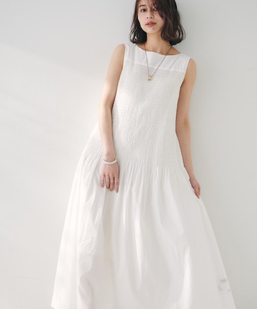 【コットン100/夏ワンピ/ナロー】シャーリングワンピース